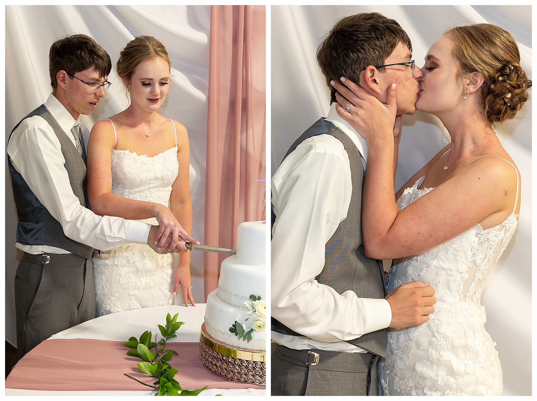 Bride and groom kiss after cutting cake.  Hanover wedding reception
