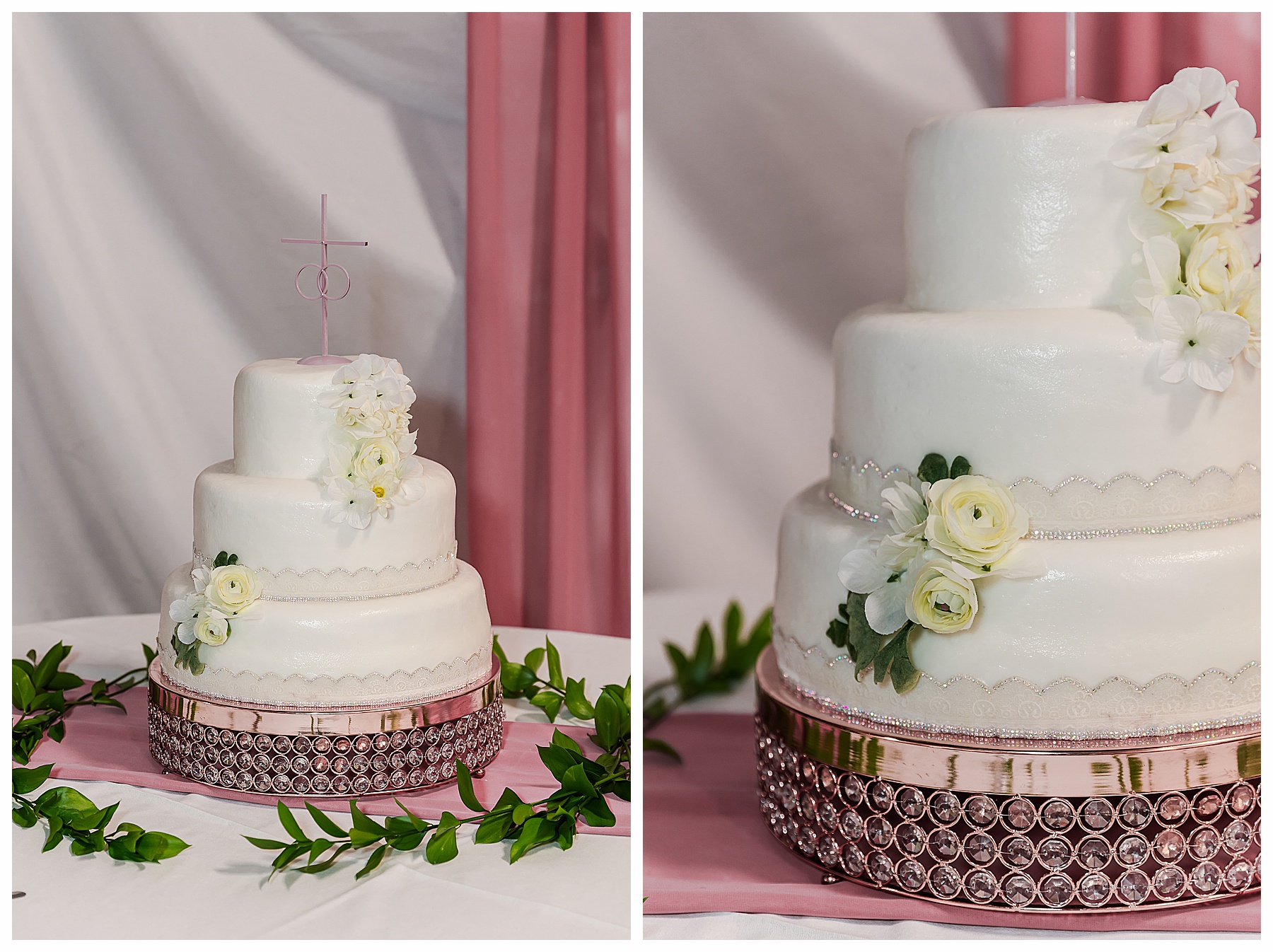 Pink and white wedding cake photos.  