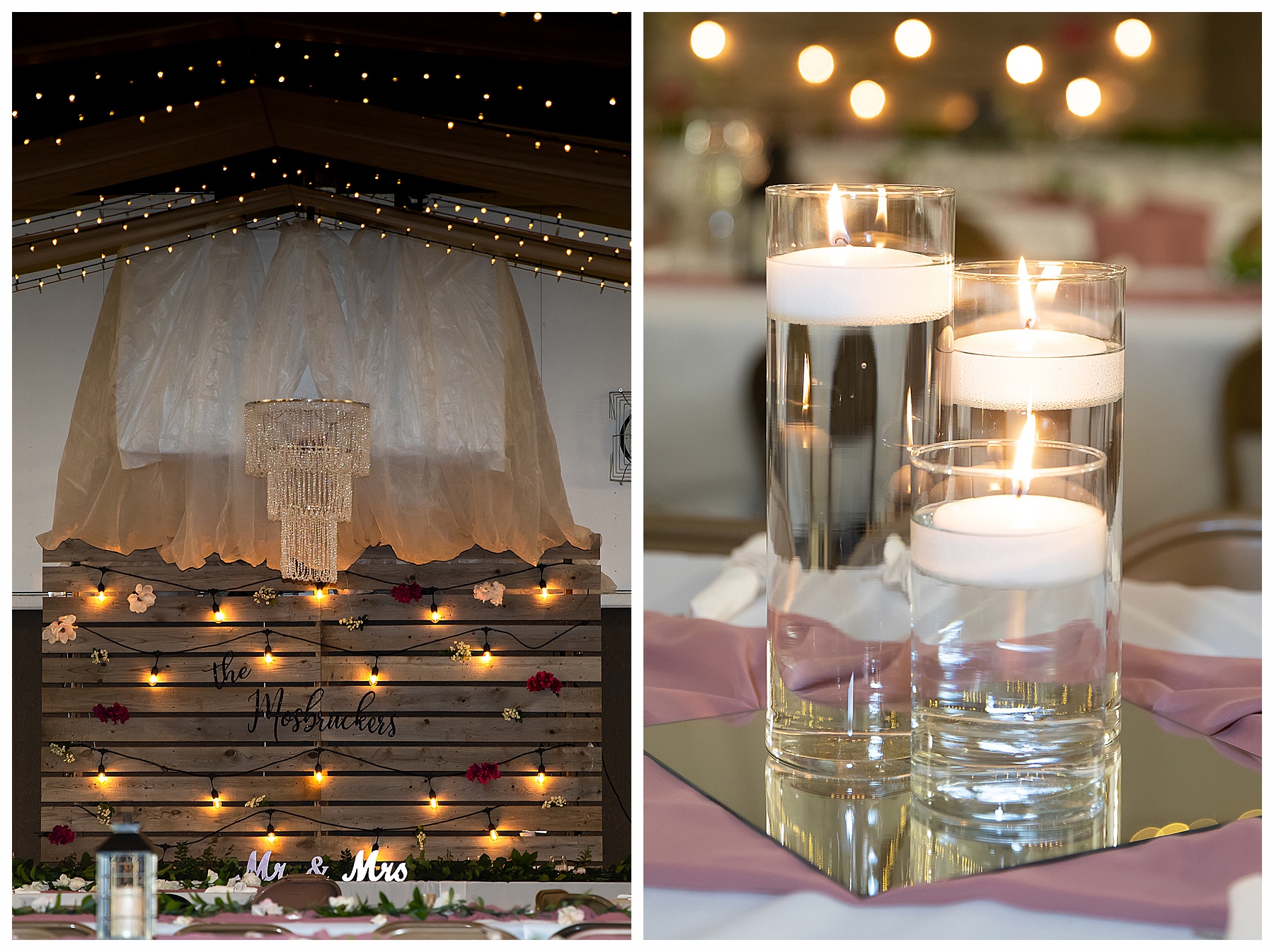 Wedding head table decorated with pallet backdrop. Bismarck wedding photographer
