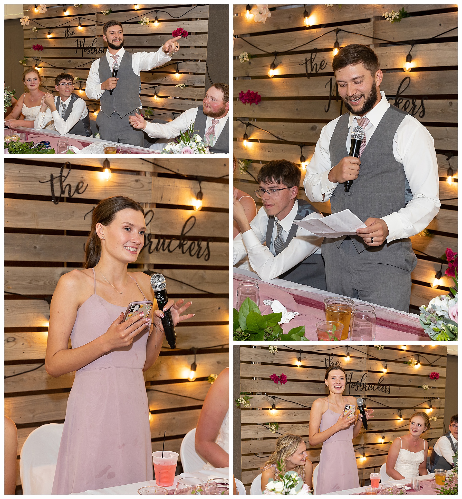 Best man and maid of honor give toasts against a pallet backdrop