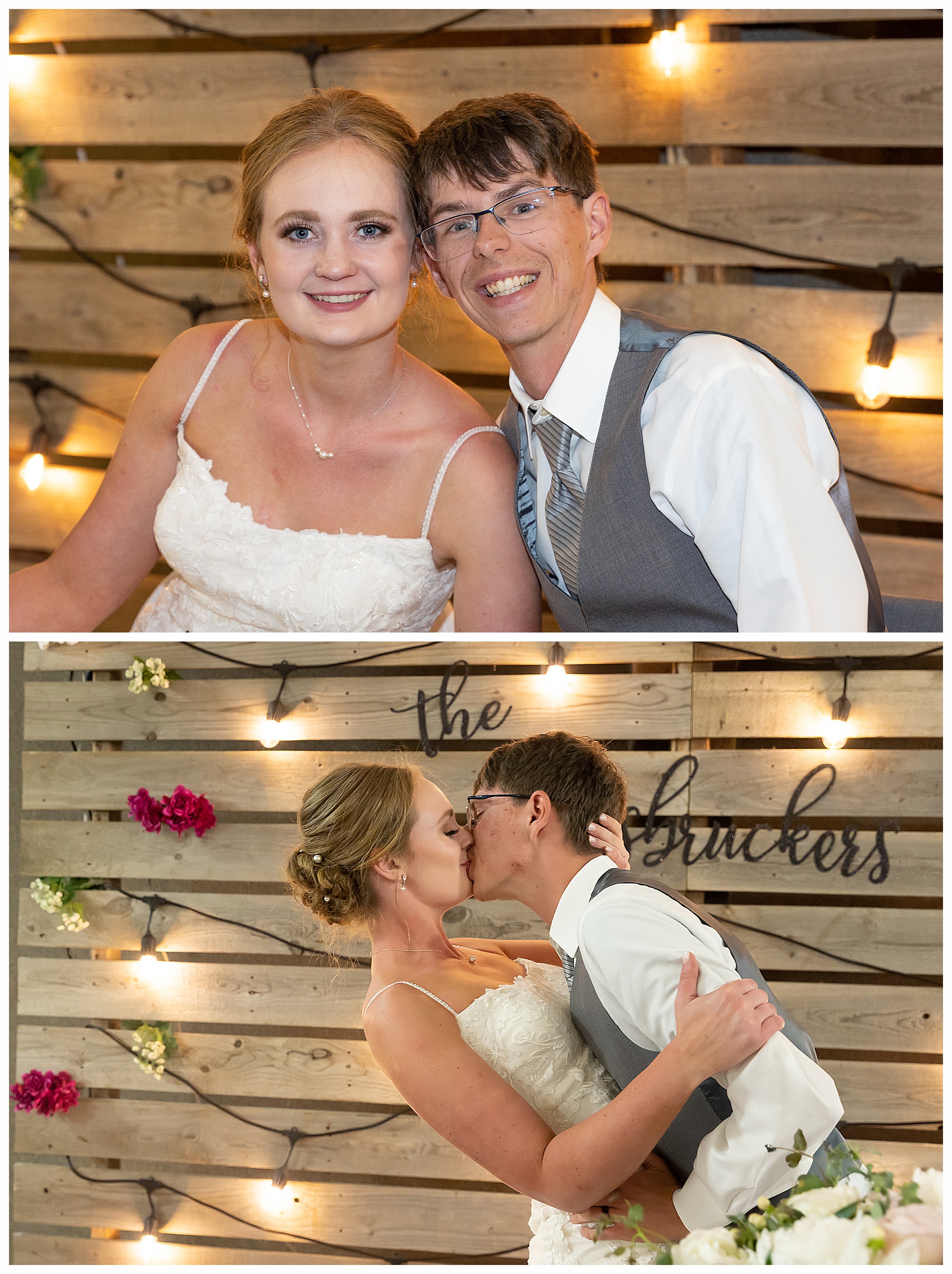 Bride and Groom kiss in front of pallet backdrop of head table